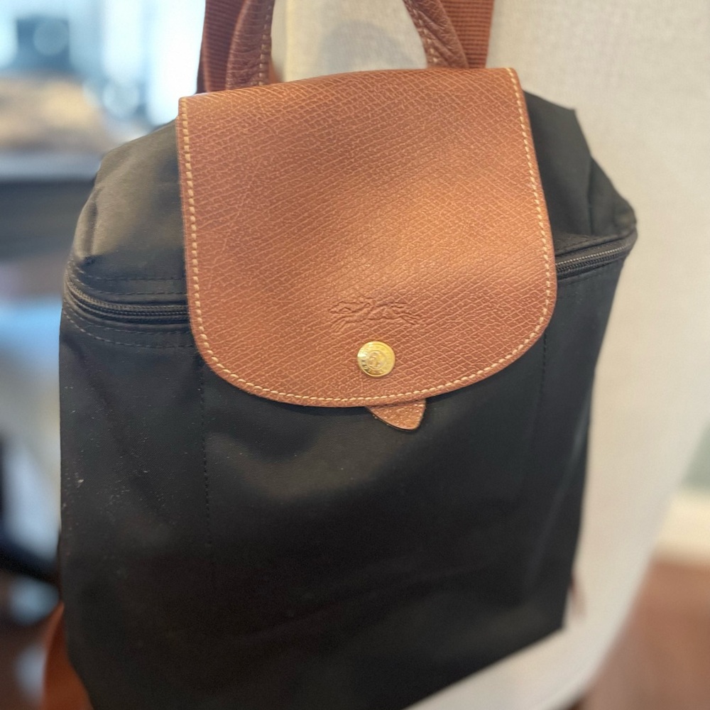 Longchamp Black nylon and Brown leather Backpack